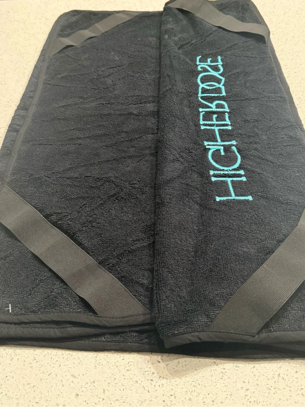 HIGHER DOSE Embroidered Black Bath Towel with Teal Logo